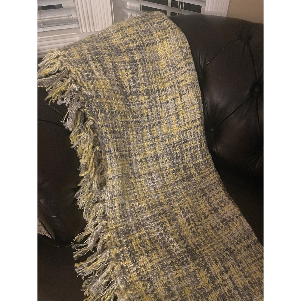 Cynthia Rowley 51" x 60" Yellow Grey Acrylic Woven Fabric Tweed Fringe Blanket